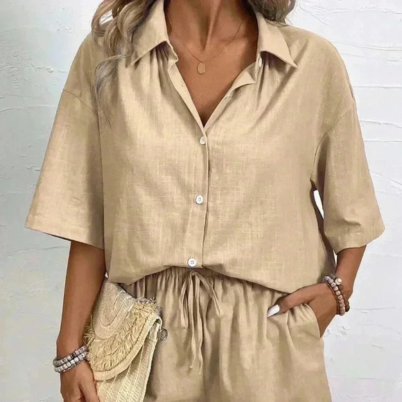 Khaki Casual Women's Solid Button Front Shirt & Drawstring Waist Shorts - Picture 7 of 7